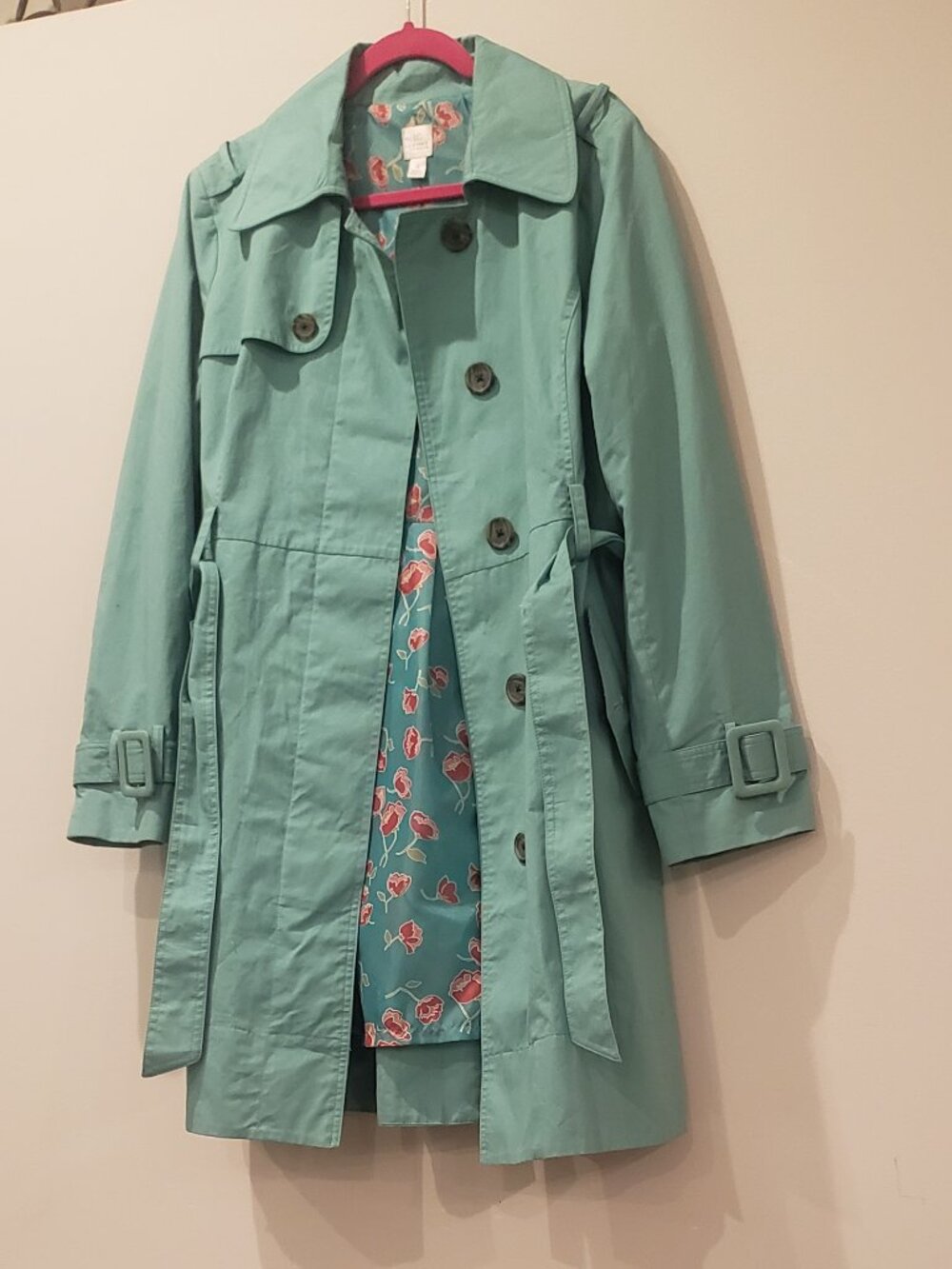 Lauren Conrad Green Trench Coat with Floral Lining